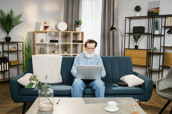 Caucasian pensioner with grey beard in casual wear sitting on comfy couch and working on laptop — Photo