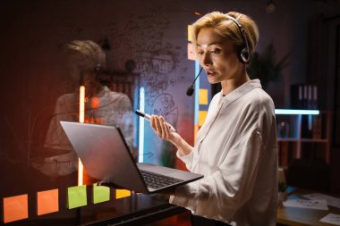 İş kadını kulaklık takıyor dizüstü bilgisayar kullanıyor, müşteri için yeni iş stratejisini anlatıyor