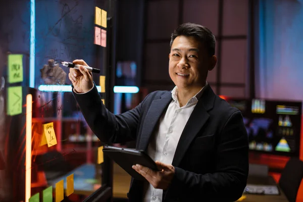 Asiatisk affärsman planerar projekt på glasskiva på kontoret — Stockfoto