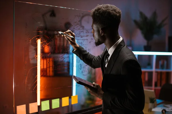 Focused millennial african american male manager organizing planning working process of start up business project at glass window agile scrum board, using sticky papers with important notes at office. Stock Picture