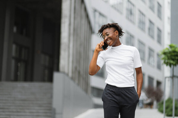 Side View Portrait Smiling Young African American Woman Walking Talking Stock Photo
