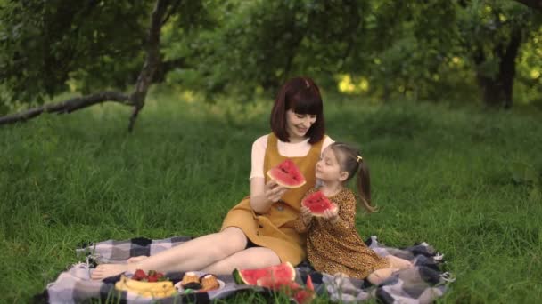 Giovane Mamma Con Sua Piccola Figlia Carina Picnic Nel Parco — Video Stock