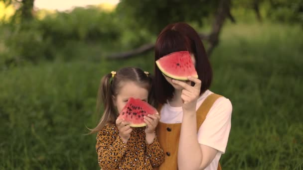 Piknik Nyári Parkban Közelkép Portré Egyedülálló Anya Kislányával Foglalkozik Eszik — Stock videók
