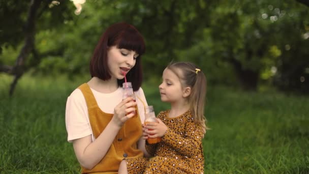 Piknik Letnim Parku Close Portret Samotnej Matki Małą Córką Zajmuje — Wideo stockowe