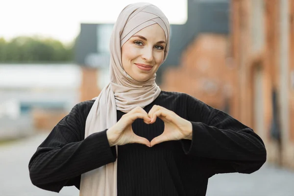 Beautiful Young Muslim Woman Smiling Confident Enthusiastic Cheerful Hands Sign — Stock Fotó