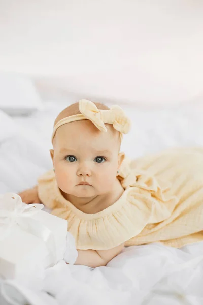 Happy Caucasian Little Baby Girl Lying Bed Looking Camera Smiling — Stock Fotó