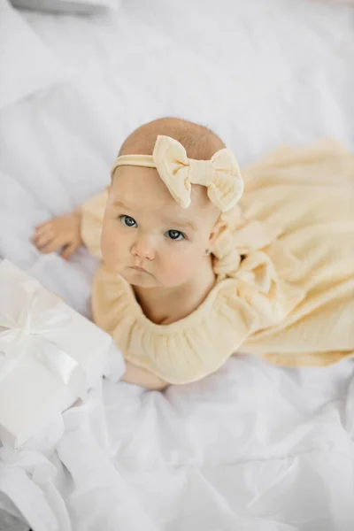 Happy Caucasian Little Baby Girl Lying Bed Looking Camera Smiling — Stockfoto