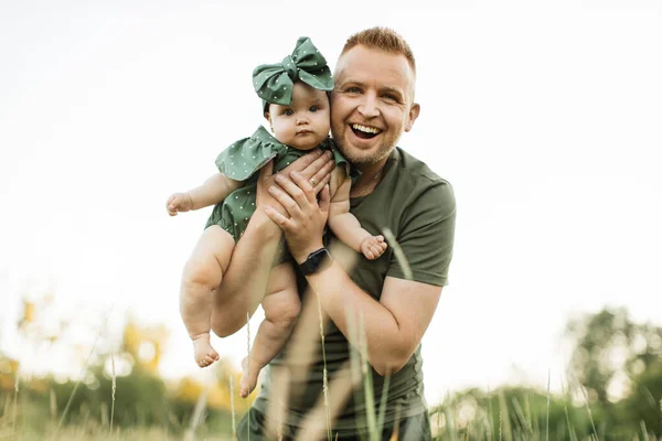 Front View Father Holding His Hands Daughter Walking Meadow Toddler — Fotografia de Stock