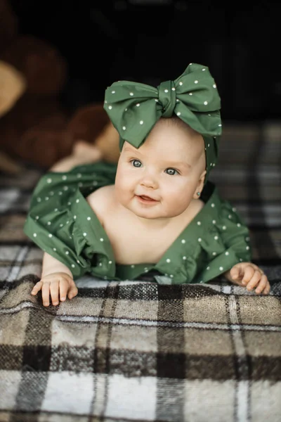 Happy Caucasian Little Baby Girl Lying Car Trunk Looking Camera — Stockfoto