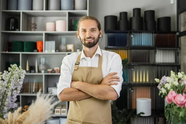 Man Florist His Own Floral Shop Taking Care Flowers People — Photo