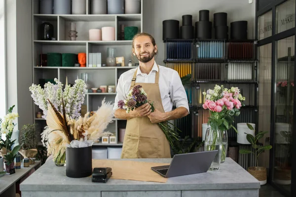 Portrait Young Bearded Male Owner Florist Shop Holding Different Flowers — Photo