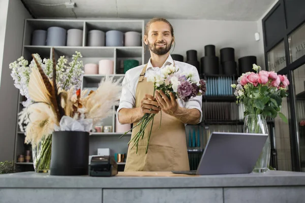 Portrait Young Bearded Male Owner Florist Shop Holding Different Flowers — Photo