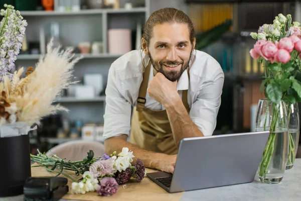 Handsome Flower Shop Male Owner Wearing Apron Working Store Attractive — Photo