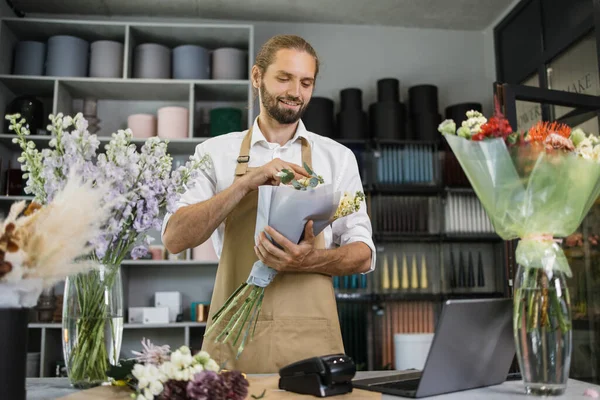 Portrait Male Florist Apron Working Flower Shop Composing Bouquets Fresh — Photo