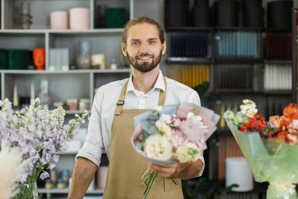 Portrait Male Florist Apron Working Flower Shop Composing Bouquets Fresh — Photo