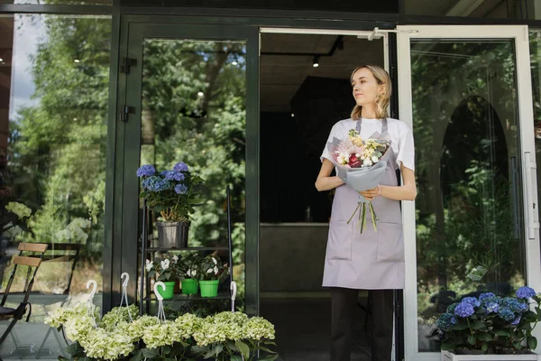 Business Woman Flower Shop Door Photo Beautiful Woman Standing Front Royalty Free Stock Photos