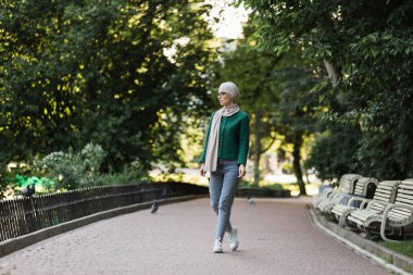 Yaz kenti parkında tesettürlü güzel, güler yüzlü, stil sahibi Müslüman kadın portresi. Sokak tarzı, yaz, açık hava, kırılma konsepti. Güneşli parkta yürüyorum.