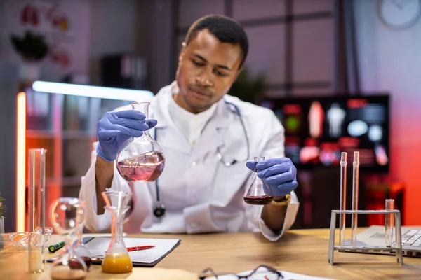 Positive Male African Scientist Medical Lab Coat Holding Test Tube — Zdjęcie stockowe