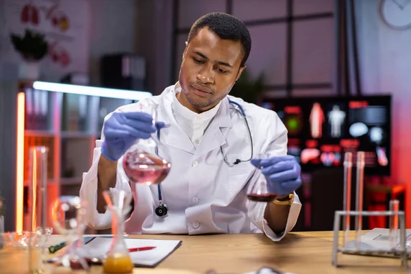 Positive Male African Scientist Medical Lab Coat Holding Test Tube — Zdjęcie stockowe