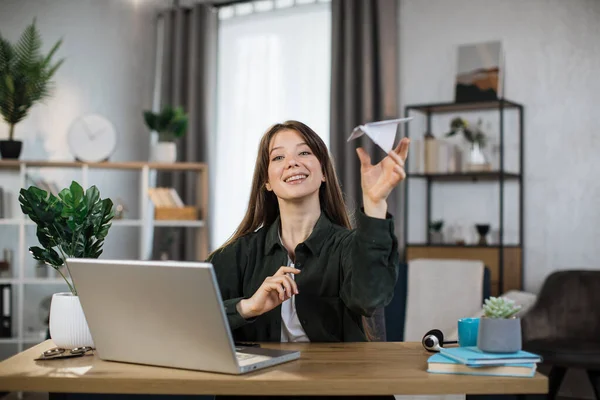 Smiling Female Freelancer Playing Paper Plane While Working Home Attractive — Photo