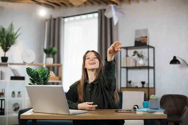 Smiling Female Freelancer Playing Paper Plane While Working Home Attractive — Photo