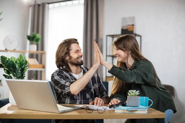 Happy Male Female Freelancers Giving High Five Each Other Successful — Stock Fotó