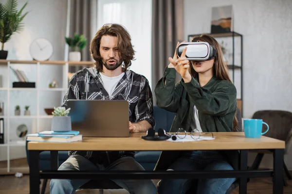 Happy Young Friends Sitting Table Using Modern Gadgets Work Study — Stock Fotó