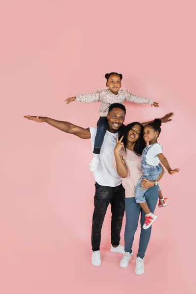Family Bonding Concept Joyful Black Man Woman Holding Daughters Hands — Fotografia de Stock