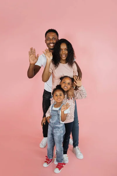 Cheerful African American Family Four Standing One Other Waving Hands — Foto de Stock