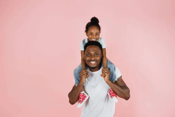 Happy Family Portrait Cheerful African American Man Riding Excited Daughter — Foto de Stock