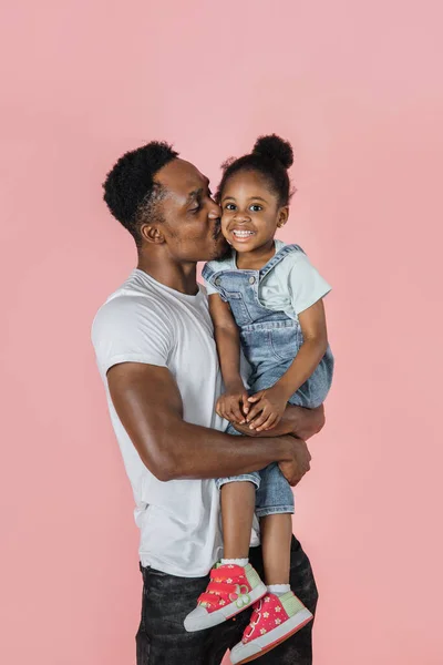 Family Love Vertical Portrait Happy Afro Daddy Embracing His Cute — Foto de Stock