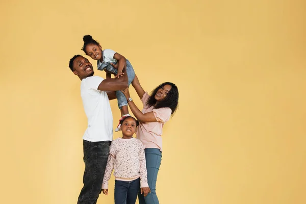 Cheerful African Man Holding Excited Daughter Hands Woman Another Daughter — Foto de Stock