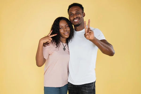 Young Beautiful African American Man Woman Smiling Showing Sign Peace — Fotografia de Stock