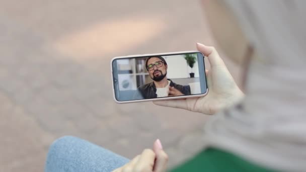 Young Muslim Woman Resting Park Digital Smart Phone Having Video — Stockvideo