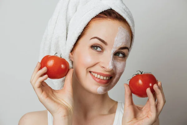 Pleasant Woman Towel Cosmetic Moisturizing Mask Half Her Face Holding — Stock Photo, Image