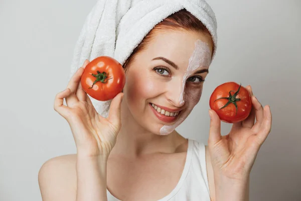 Pleasant Woman Towel Cosmetic Moisturizing Mask Half Her Face Holding — Foto de Stock