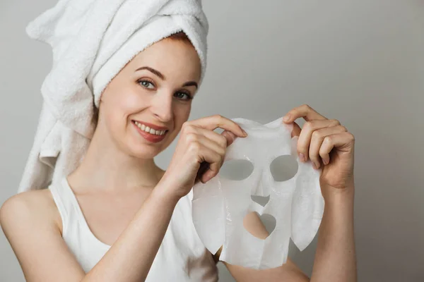 Attractive Young Lady Bare Shoulders Holding Hands Cotton Face Mask — Stock Photo, Image