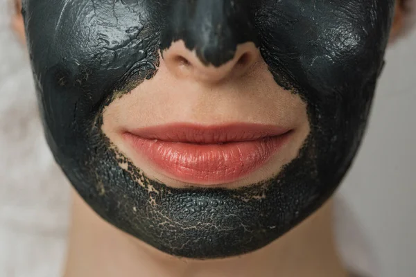 Close Lips Nose Young Caucasian Woman Towel Black Clay Cosmetic — Stockfoto