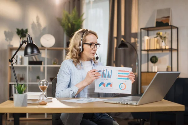 Smiling Caucasian Woman Showing Graphs Charts Laptop Computer Video Conference —  Fotos de Stock