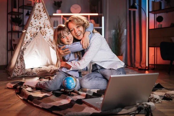 Pretty Female Child Blond Woman Resting Together Teepee Tent Cozy — Stockfoto