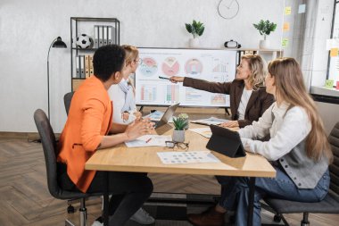 Çok kültürlü dört kadın ekonomistten oluşan bir grup, ofiste çalışırken çeşitli grafiklerle büyük ekranlara bakıyor. Pazarlık sırasında modern teknolojiyi kullanan iş kadınları ortakları.