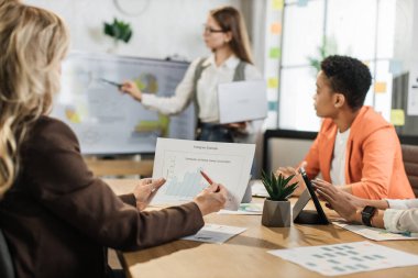 Elinde tuttuğun mali rapora odaklan. Bilgisayarlı kadın şirket yöneticisi uluslararası meslektaşlarıyla iş görüşmesi yapıyor. Ofiste çeşitli diyagramlar, çizelgeler ve teknoloji var..