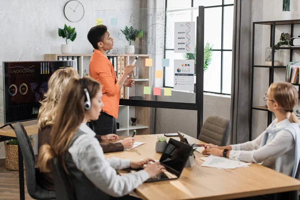 African woman in formal wear pointing on glass board with charts and graphs during working conference. Multi ethnic colleagues sitting at desk and listening female partner.