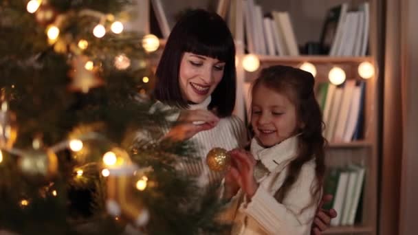 사람들의 어머니와 집에서 크리스마스 트리를 장식하는 — 비디오