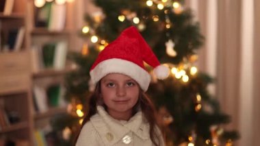 Süslü Noel ağacının önünde, kalın örgü beyaz kazak ve kırmızı Noel Baba şapkası giyen sevimli küçük kızın video portresini kapat ve kameraya bak..