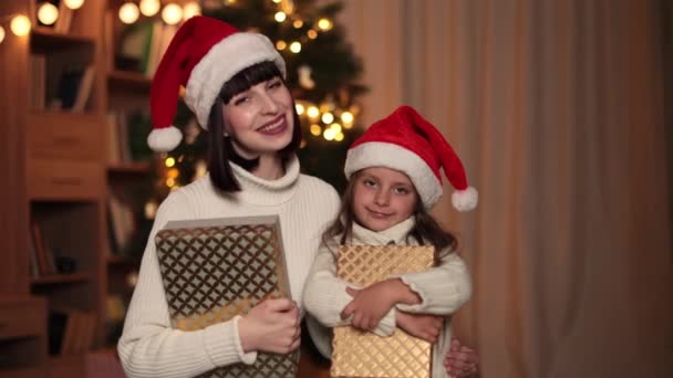 圣诞快乐 节日快乐 年轻快乐的母亲和戴着圣诞礼帽的可爱的小女儿在客厅装饰了一棵树后 坐在那里 在室内爱家人 — 图库视频影像