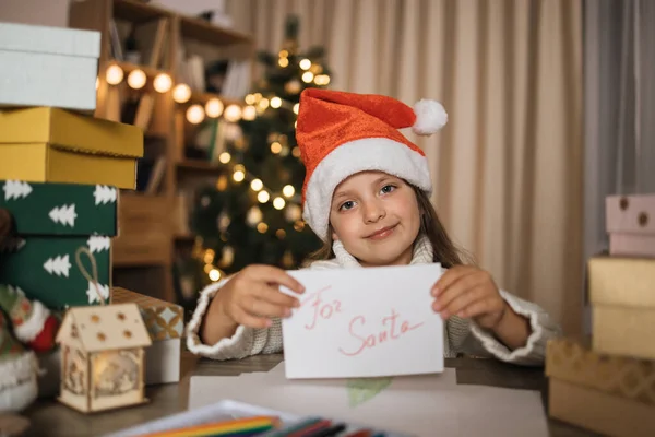 Christmas Holidays Childhood Concept Smiling Caucasian Girl Red Hat Holding — Stock Photo, Image