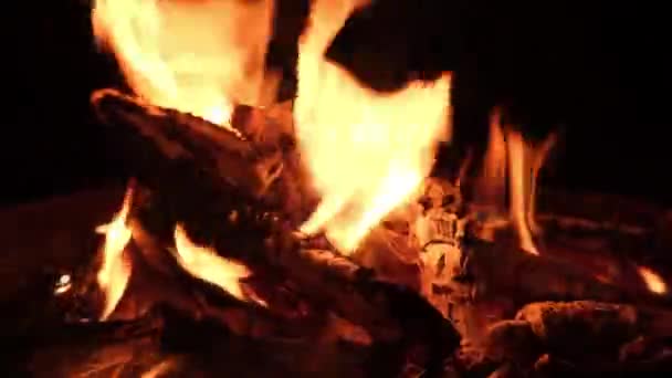 Chimenea Caliente Oscuridad Primer Fuego Leña — Vídeo de stock