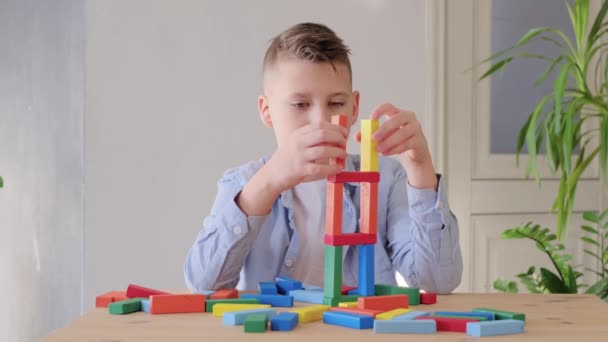 Chłopiec Bawi Się Kolorowymi Drewnianymi Cegłami Budując Wieżę Poprawa Umiejętności — Wideo stockowe