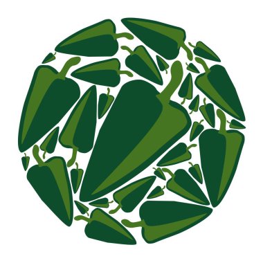 Daire şeklinde yeşil biberler. Vektör düz tasarım şablonu. Yiyecek, bahçıvanlık ya da bahçıvanlık geçmişi.